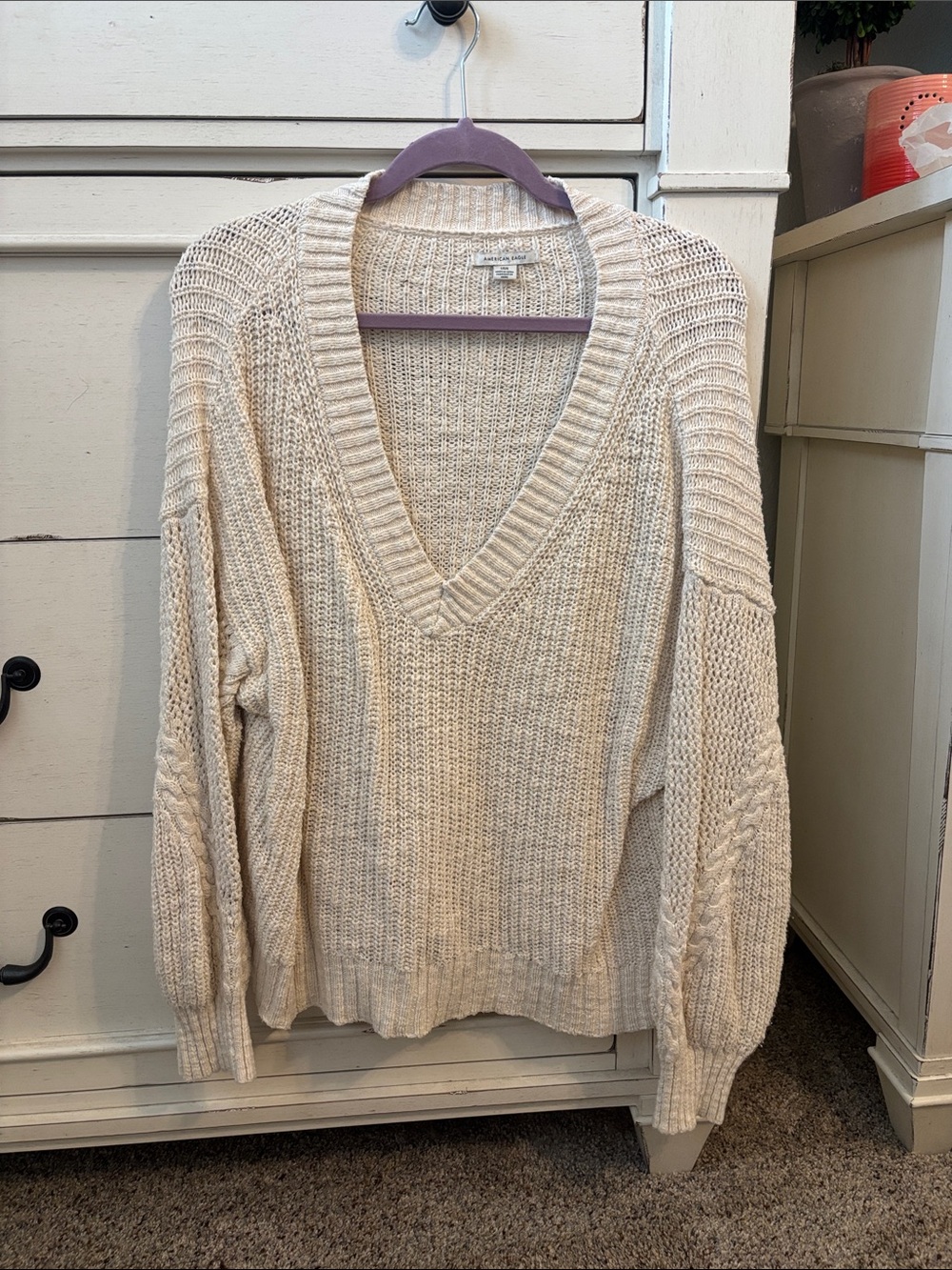 American Eagle Outfitters Cream V-Neck Cable Knit Sweater